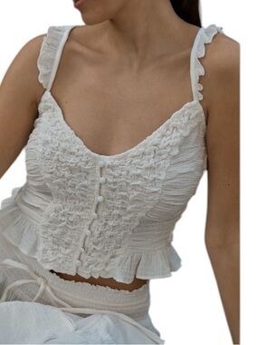 Celandine Anthropologie Smocked Off White Ruffled Spaghetti Strap CropTop Size M